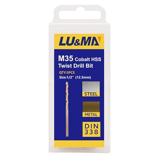 LU&MN 1/2 Inch Inch M35 Cobalt HSS Jobber Length Twist Drill Bit with Straight Shank,Heavy Duty, Pack of 5 PCS, Drilling for Cast Iron, Heat-Treated Steel, Stainless Steel and Other Hard Materials