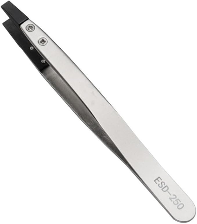 Precision Anti-Static ESD Tweezers for Electronics Repair, Industrial Metal Tweezers for Circuit Board, Mobile Phone, and Clock Maintenance, Silver Black Color(ESD-250)