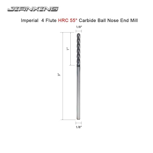 1/8" Extra Long Carbide Ball Nose End Mill for Alloy Steels/Hardened Steels, 3" Overall Length End Mill Bits, 4 Flute HRC 55 Deg AlTiN Coating, CNC Router Bits (1 Pieces)