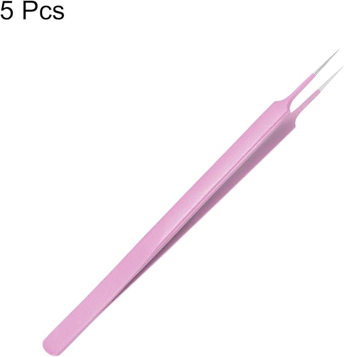 HARFINGTON 5pcs Stainless Steel Precision Tweezers 6.3 Inch Long Handle Pointed Tip Tweezers Multi Purpose for Craft Industrial Work Laboratory Use, Pink