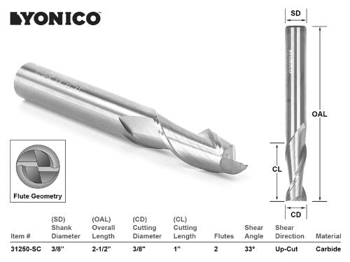 YONICO Upcut Router Bits Spiral 2 Flute Solid Carbide CNC End Mill 3/8-Inch Dia. 3/8-Inch Shank 31250-SC