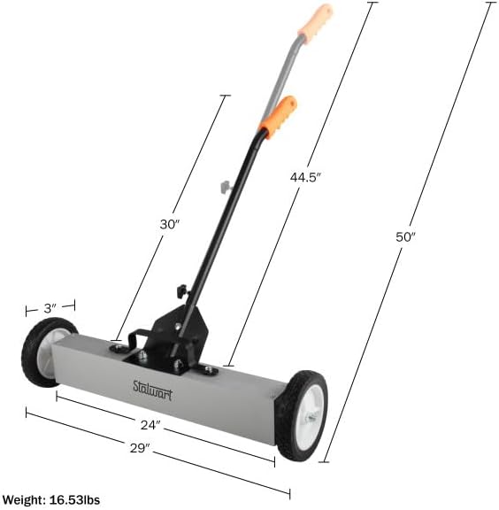 Magnetic Sweeper with Wheels - 24-Inch Rolling Nail Magnet Tool - Magnetic Pickup Tool with Adjustable Handle and 30 to 50-Pound Capacity by Stalwart