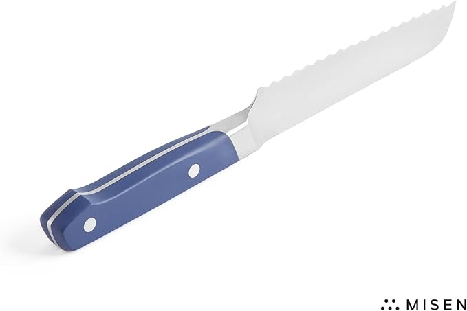 Misen Serrated Bread Knife - High-Carbon Japanese AUS8 Steel - Perfect for Soft Foods, Bread, Pastries, and Fruits - Verstatile Slicer, Razor-Sharp Edge, Durable Blade, Ergonomic Handle - 5", Blue
