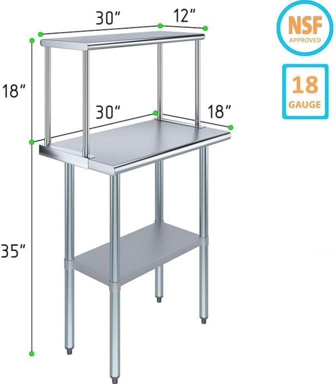 Stainless Steel Work Table with Wide Single Tier Overshelf | Metal Kitchen Prep Table & Shelving Combo (18" x 30" Work Table + 12" Overshelf)