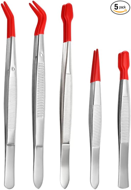 5pcs Rubber Tweezers, 5 Different Sizes of Long Tweezers with Rubber Tips for Crafts Precision, Silicone Tweezer for Jewelry, Bead Making, and Industrial Use, Red