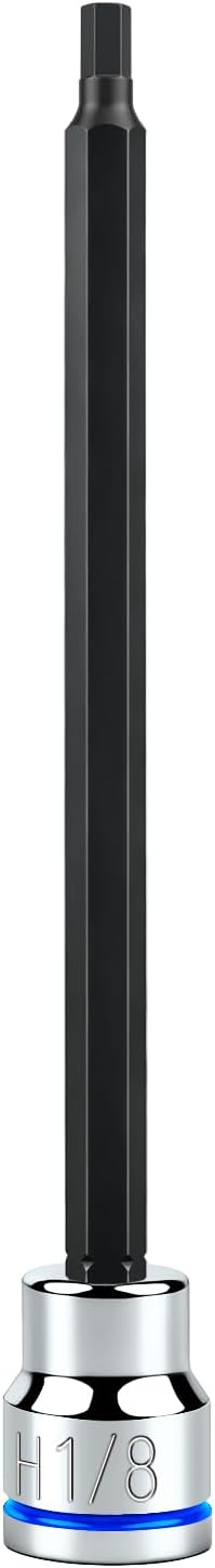 3/8 Inch Drive Long Hex Bit Socket, H1/8, Full Polished, Premium CR-V & S2 Alloy Steel Head Made for Auto/Mechanical