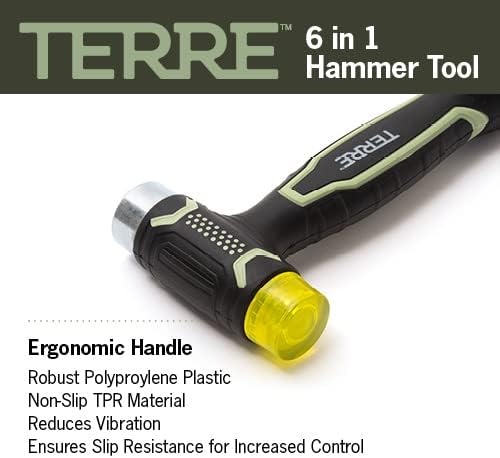 Terre Products, 6 in 1 Double Faced Hammer Tool, Small Rubber Mallet Hammer, Built-In Multi Bit Screwdriver, Ergonomic Non-Slip TPR Handle, Perfect for Crafts, Jewelry, Wood, Auto, and Flooring