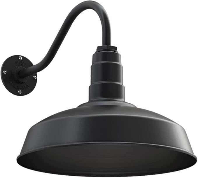 Steel Lighting Co. | Dusk to Dawn | Gardena Barn Light | Outdoor Wall Mounted | 16" Dome | 16" Gooseneck | Farmhouse Light Made in America | Matte Black Exterior/Matte Black Exterior