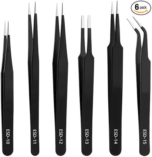 Precision Tweezers Set - 6PCS Anti Static ESD Industrial Tweezers Kit Matte Black, Fits for Electronics Repair, Soldering, Craft, Laboratory Work