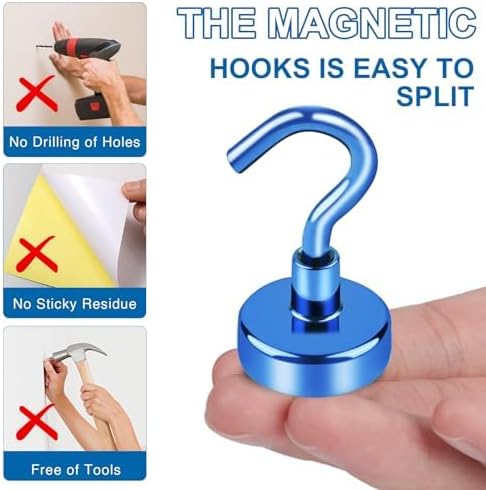 LOVIMAG Magnetic Hooks for Cruise Cabins, 85lbs Blue Magnetic Hooks for Classroom, Strong Magnets with Hooks for Hanging, Neodymium Magnet Hooks for Fridge, Ceiling, Locker, Camper, Travel-25 Pcs