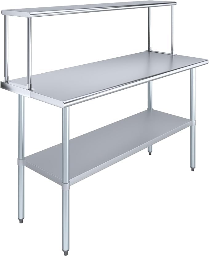 Stainless Steel Work Table with Wide Single Tier Overshelf | Metal Kitchen Prep Table & Shelving Combo (24" x 60" Work Table + 12" Overshelf)