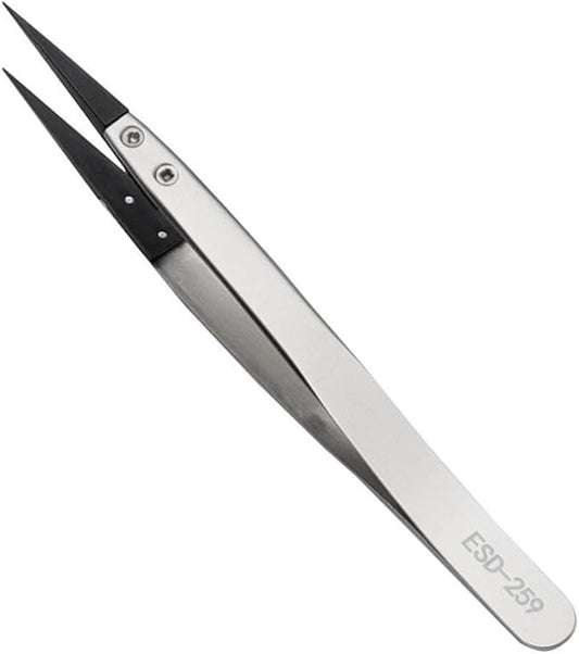 Precision Anti-Static ESD Tweezers for Electronics Repair, Industrial Metal Tweezers for Circuit Board, Mobile Phone, and Clock Maintenance, Silver Black Color(ESD-259)