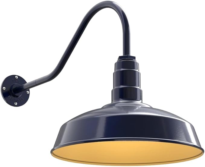 Steel Lighting Co. | Dusk to Dawn | Gardena Barn Light | Outdoor Wall Mounted | 16" Dome | 23" Gooseneck | Farmhouse Light Made in America | Navy Blue/Brass