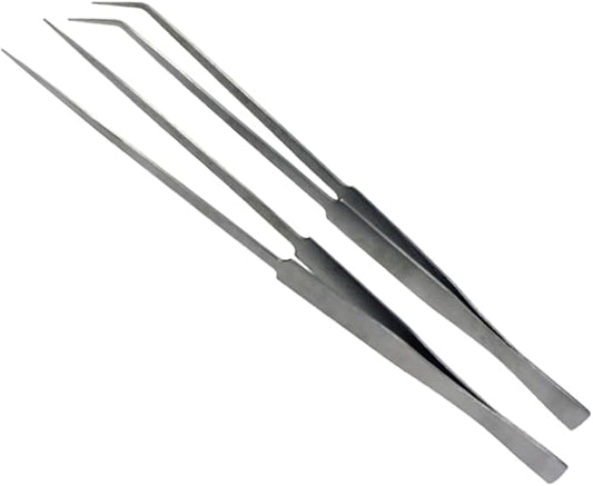 SE Stainless Steel 12-Inch Tweezers Set (2 PC.) - Straight and Angled Tips, Fine Point, Ideal for Crafts, Jewelry, Watch Repair - TW2-403
