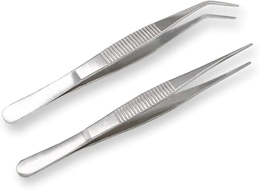 5-1/2 Inch Stainless Steel Tweezers with Straight and Curved Serrated Tip Multipurpose Forceps for Craft Repairing 2 Pack