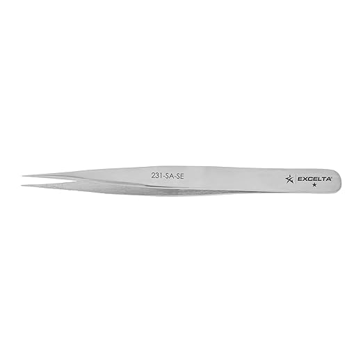 Excelta Stainless Steel Tweezers, Straight, Anti-Magnetic, Serrated Tips for Enhanced Grip, Ideal for General Assembly, 4.75" Length, Basic