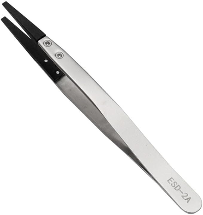 Precision Anti-Static ESD Tweezers for Electronics Repair, Industrial Metal Tweezers for Circuit Board, Mobile Phone, and Clock Maintenance, Silver Black Color(ESD-2A)