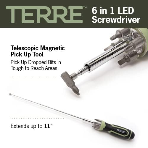 Terre Products, 6 in 1 Multitool Screwdriver, Nut Driver, All in One Screwdriver with Flashlight and Telescopic Magnetic Pick Up Tool, Multi Bit Screw Driver