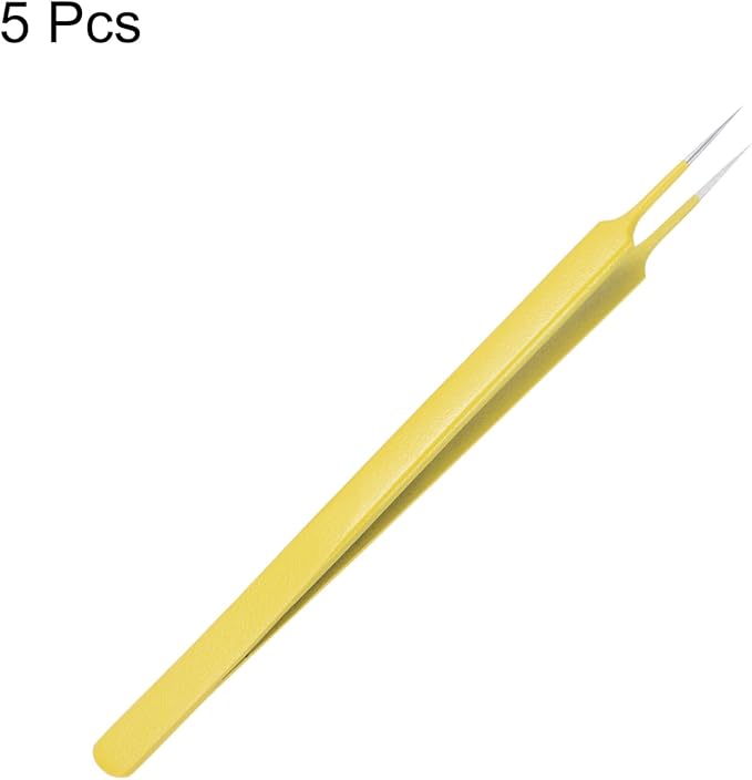 HARFINGTON 5pcs Stainless Steel Precision Tweezers 6.3 Inch Long Handle Pointed Tip Tweezers Multi Purpose for Craft Industrial Work Laboratory Use, Yellow
