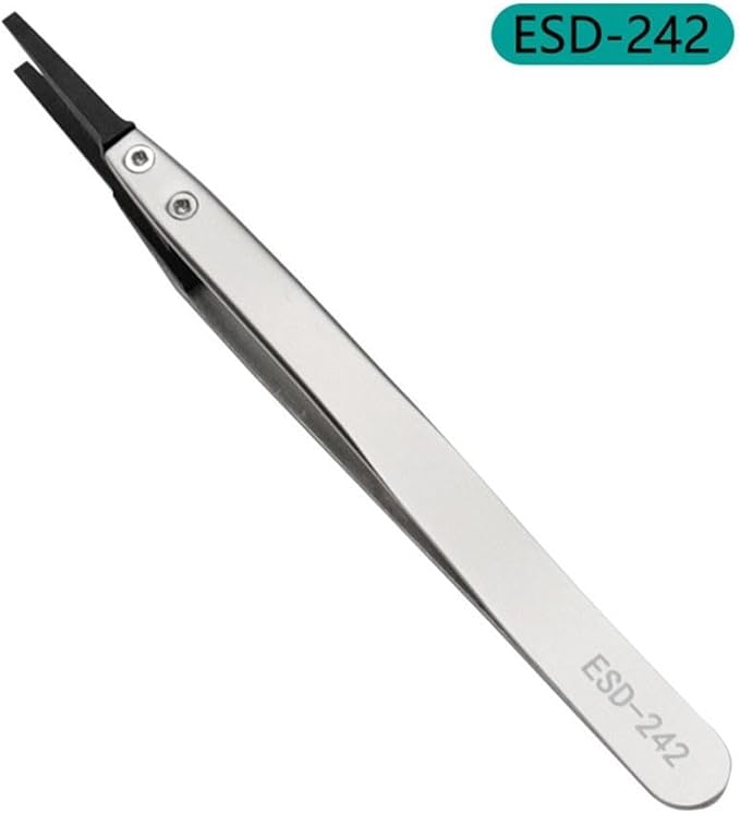 Precision Anti-Static ESD Tweezers for Electronics Repair, Industrial Metal Tweezers for Circuit Board, Mobile Phone, and Clock Maintenance, Silver Black Color(ESD-242)