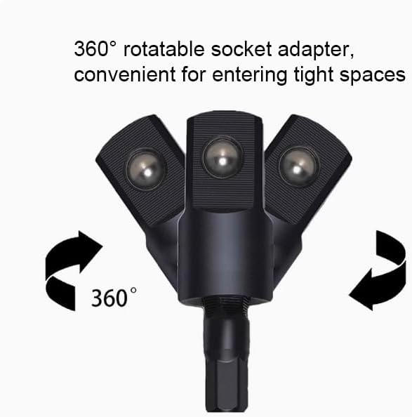 4-in-1 Impact Drill Bit Extension Set with a 105째 angle screwdriver bit, right angle drill adaptor, and 360째 rotatable socket adapters for 1/4", 3/8", and 1/2" sizes