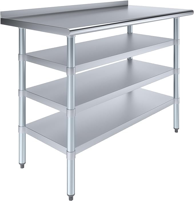 48" x 24" Stainless Steel Work Table with 1.5" Backsplash and 3 Shelves | NSF Certified Prep Table for Kitchen, Restaurant, Garage | Heavy-Duty Metal Workstation