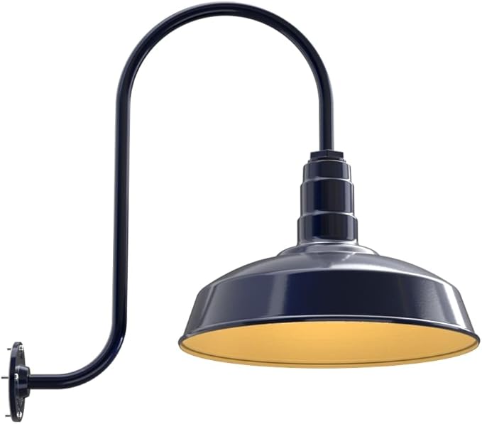 Steel Lighting Co. | Dusk to Dawn | Gardena Barn Light | Outdoor Wall Mounted | 16" Dome | Upslope Gooseneck | Farmhouse Light Made in America | Navy Blue/Brass
