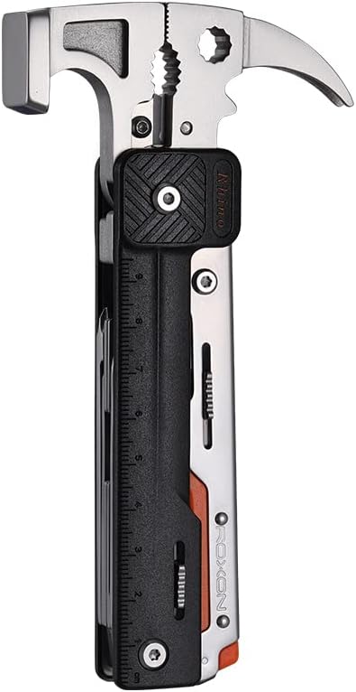 ROXON 16 in 1 Tools Camping Hammer Multitool with flint stone, replaceable cutter, Best Camping Accessories with plier, knife, bottle opener, saw, ruler,