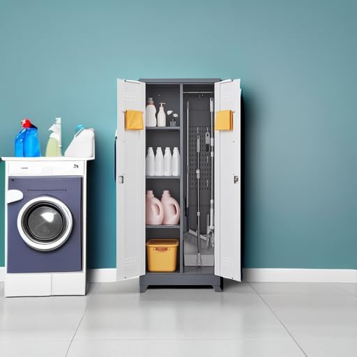 GREATMEET 65" Garage Storage Cabinet, Broom Closet Storage Cabinet, Storage Shed, Metal Cabinets with Doors and Shelves, Tool Shed for Brooms and Mops, Utility Cabinets for Storage, Grey&White