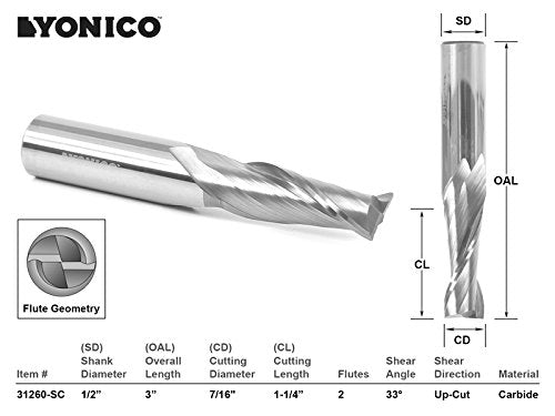 YONICO Upcut Router Bits Spiral 2 Flute Solid Carbide CNC End Mill 7/16-Inch Dia. 1/2-Inch Shank 31260-SC