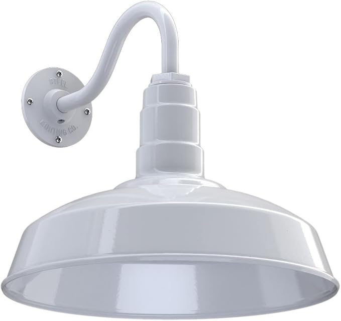 Steel Lighting Co. | Dusk to Dawn | Gardena Barn Light | Outdoor Wall Mounted | 16" Dome | 11" Gooseneck | Farmhouse Light Made in America | White Exterior/White Interior