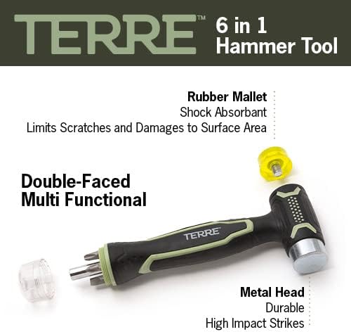 Terre Products, 6 in 1 Double Faced Hammer Tool, Small Rubber Mallet Hammer, Built-In Multi Bit Screwdriver, Ergonomic Non-Slip TPR Handle, Perfect for Crafts, Jewelry, Wood, Auto, and Flooring