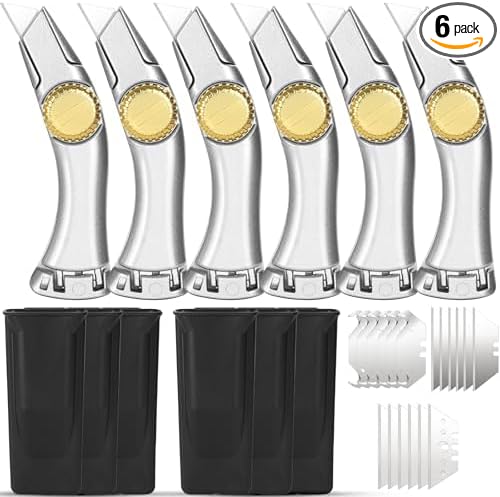 6 Pcs Silver Fixed Blade Roofing Knife Utility Knife with 3 functions for 6 blades Box Cutter with Holster Belt Clip Roofing Tools for Carpet, Outdoor Indoor Construction Marking
