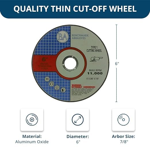 Benchmark Abrasives 6 Inch Aluminum Oxide Thin Type 1 Grinder Cut Off Wheels for Metal and Stainless Steel .045" Thick 7/8" Arbor, Angle Grinder Cutting Disc, Grinding Cutting Wheel - 25 Count