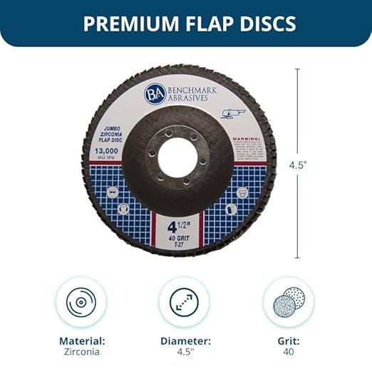Benchmark Abrasives 4.5" x 7/8" Premium High Density Jumbo Zirconia Type 27 Flap Discs 4 1/2 for Angle Grinder, Sanding Discs, Finishing - Grinding Wheels 4 1/2 inch - (100 Pack) - 40 Grit