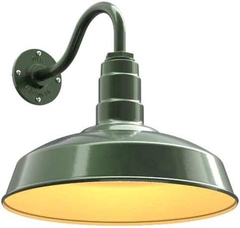 Steel Lighting Co. | Dusk to Dawn | Gardena Barn Light | Outdoor Wall Mounted | 16" Dome | 11" Gooseneck | Farmhouse Light Made in America | Hunter Green/Brass