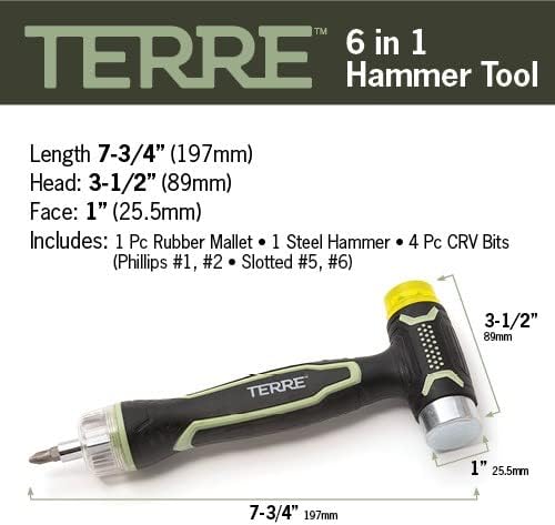 Terre Products, 6 in 1 Double Faced Hammer Tool, Small Rubber Mallet Hammer, Built-In Multi Bit Screwdriver, Ergonomic Non-Slip TPR Handle, Perfect for Crafts, Jewelry, Wood, Auto, and Flooring