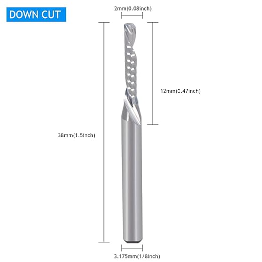 1/8 Inch Down Cut Bits Single Flute (O Flute) Spiral End Mill CNC Router Bits,with (0.078") 2mm Cutting Dia竊?1/2") 12mm Cutting Length for Acrylic PVC MDF Wood Pack of 5