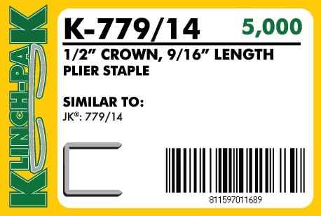 Klinch-Pak K-779/14, 9/16??Leg Length by 1/2" Wide Crown Heavy-Duty Galvanized Plier Staples, 5000 Per Package, for stapling Trays, Lids, Bags, Header Cards, Fastening End Caps and Container Inserts