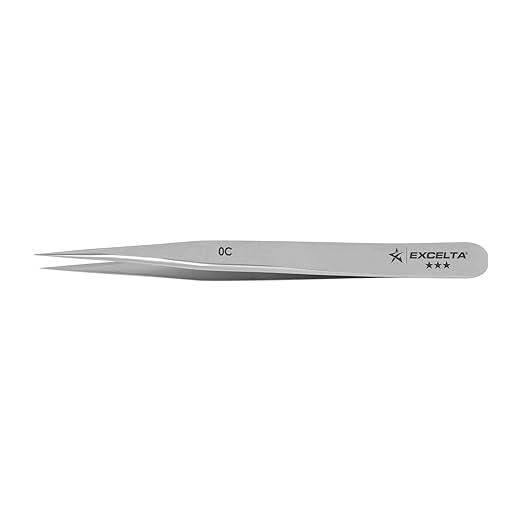 Excelta Straight Fine Point Tweezers, Carbon Steel, Flame Hardened Tips For General Assembly, 3.5" Length, Professional