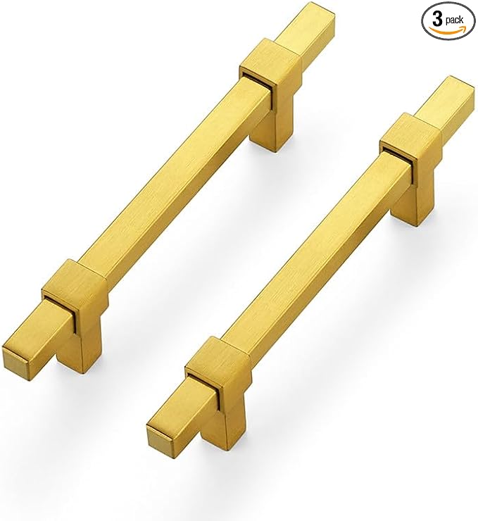 3 Pack Gold Cabinet Handles - 3-3/4" Hole Center Cabinet Pulls Drawer Pulls Cabinet Hardware Kitchen Handles for Cabinets
