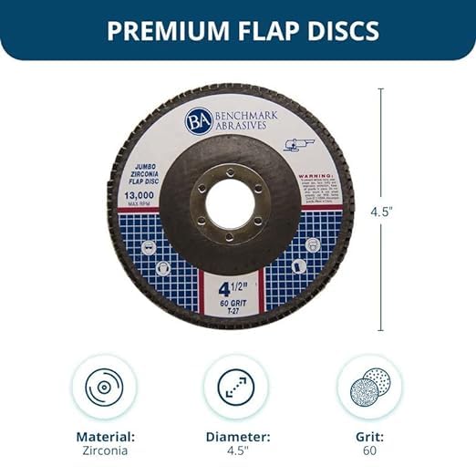 Benchmark Abrasives 4.5" x 7/8" Premium High Density Jumbo Zirconia Type 27 Flap Discs 4 1/2 for Angle Grinder, Sanding Discs, Finishing - Grinding Wheels 4 1/2 inch - (100 Pack) - 60 Grit