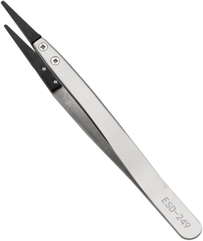 Precision Anti-Static ESD Tweezers for Electronics Repair, Industrial Metal Tweezers for Circuit Board, Mobile Phone, and Clock Maintenance, Silver Black Color(ESD-249)
