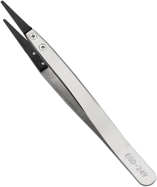 Precision Anti-Static ESD Tweezers for Electronics Repair, Industrial Metal Tweezers for Circuit Board, Mobile Phone, and Clock Maintenance, Silver Black Color(ESD-249)