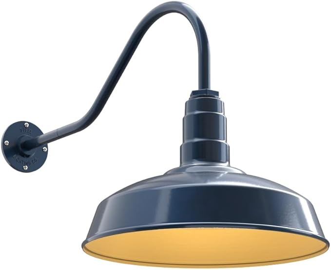 Steel Lighting Co. | Dusk to Dawn | Gardena Barn Light | Outdoor Wall Mounted | 16" Dome | 23" Gooseneck | Farmhouse Light Made in America | Gray Blue/Brass
