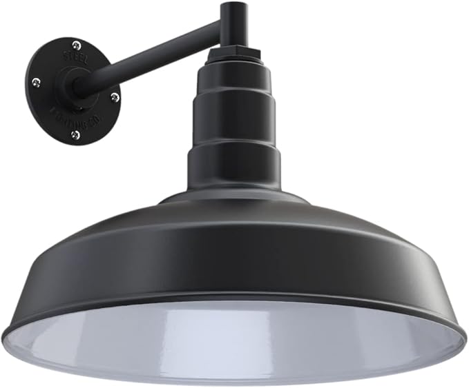 Steel Lighting Co. | Dusk to Dawn | Gardena Barn Light | Outdoor Wall Mounted | 16" Dome | 11" Straight Arm | Farmhouse Light Made in America | Matte Black Exterior/White Interior