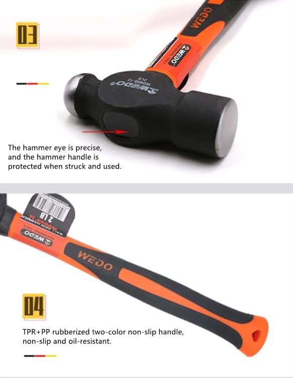 WEDO Ball Peen Hammer, Ball Pein Hammer with Fiberglass Handles 16oz(1 lb), High Carbon Steel,Shock Resistant, Non-Slip Handle, Die-forged, Strong Torque, DURABLE, 320mm Length