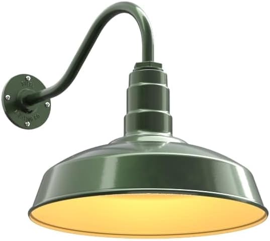 Steel Lighting Co. | Dusk to Dawn | Gardena Barn Light | Outdoor Wall Mounted | 16" Dome | 16" Gooseneck | Farmhouse Light Made in America | Hunter Green/Brass