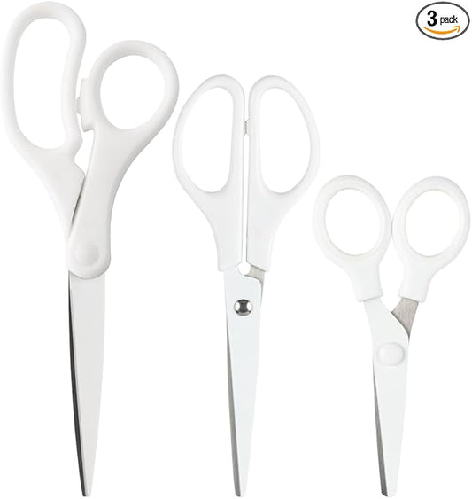 JAM PAPER Multi Purpose Scissors Set - White - Assorted Sizes - Ergonomic Handle & Stainless Steel Pointed Tip Blades - 3/Pack