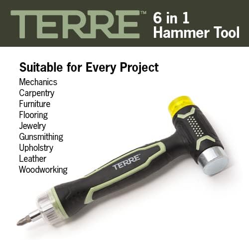 Terre Products, 6 in 1 Double Faced Hammer Tool, Small Rubber Mallet Hammer, Built-In Multi Bit Screwdriver, Ergonomic Non-Slip TPR Handle, Perfect for Crafts, Jewelry, Wood, Auto, and Flooring